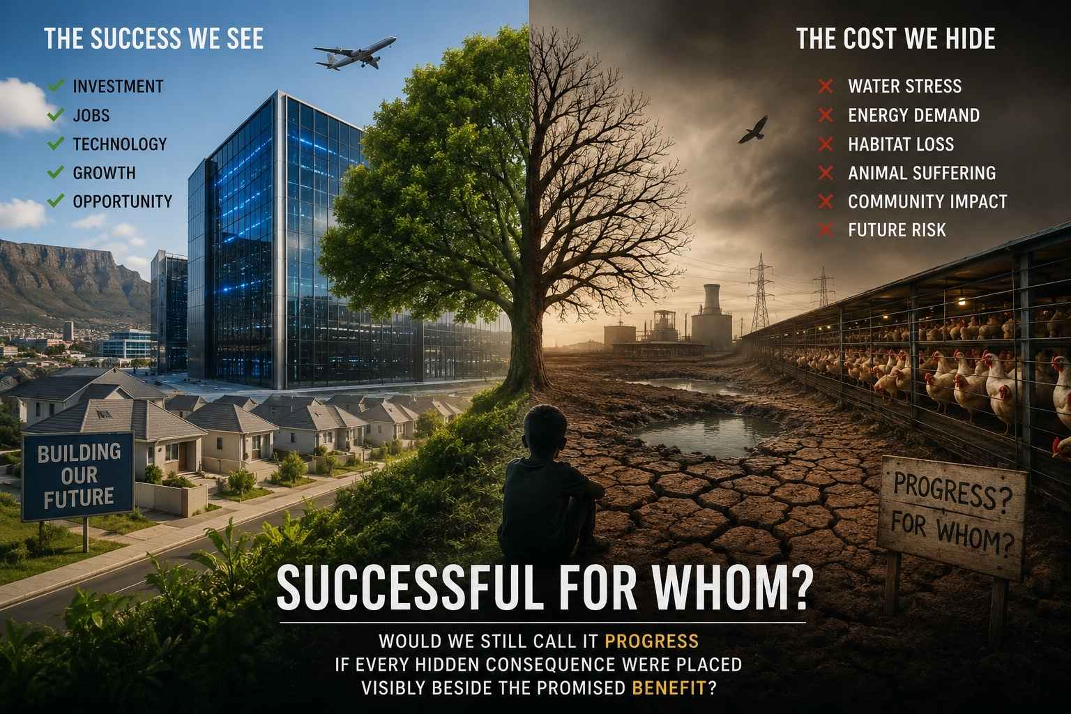 A visual contrast between visible progress and the hidden environmental and human costs carried beneath it.