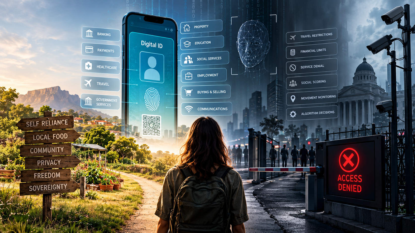 A person facing two possible futures around Digital ID: one grounded in privacy, local community and sovereignty, and another illustrating surveillance and conditional access.